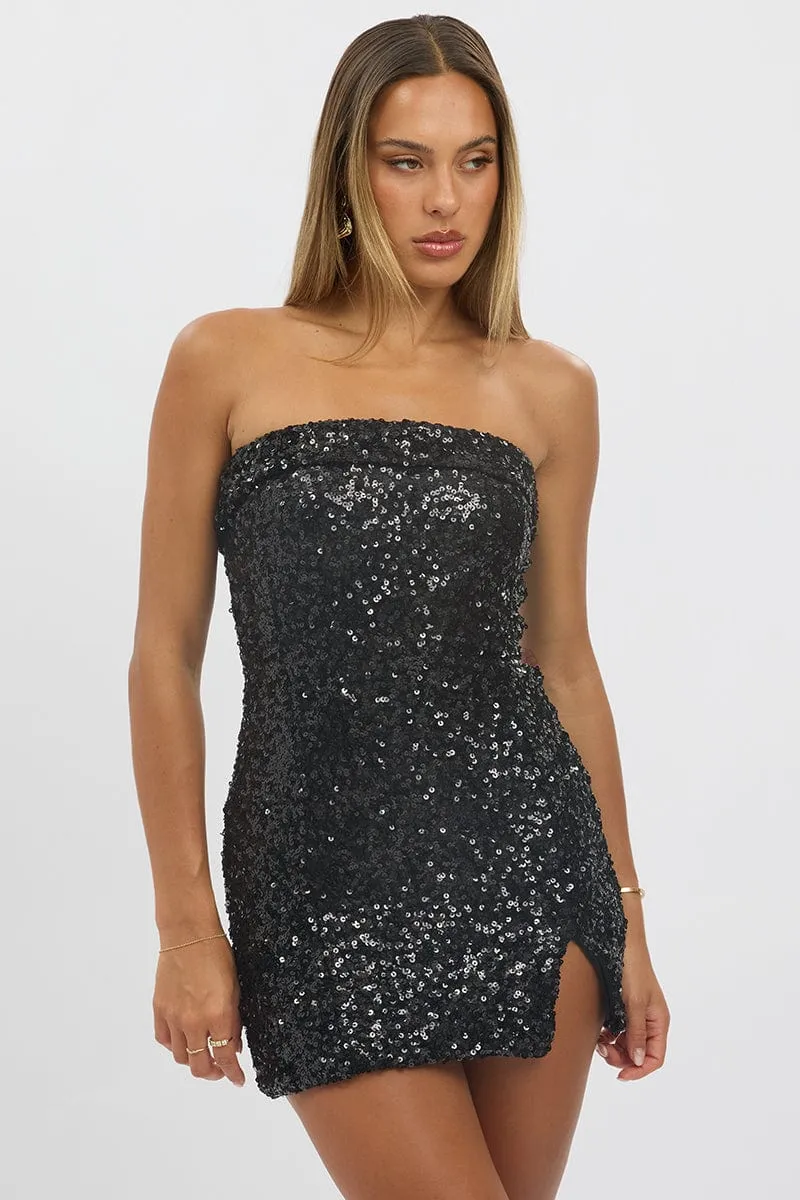 Smart Look Black Bodycon Dress Sequin Strapless
