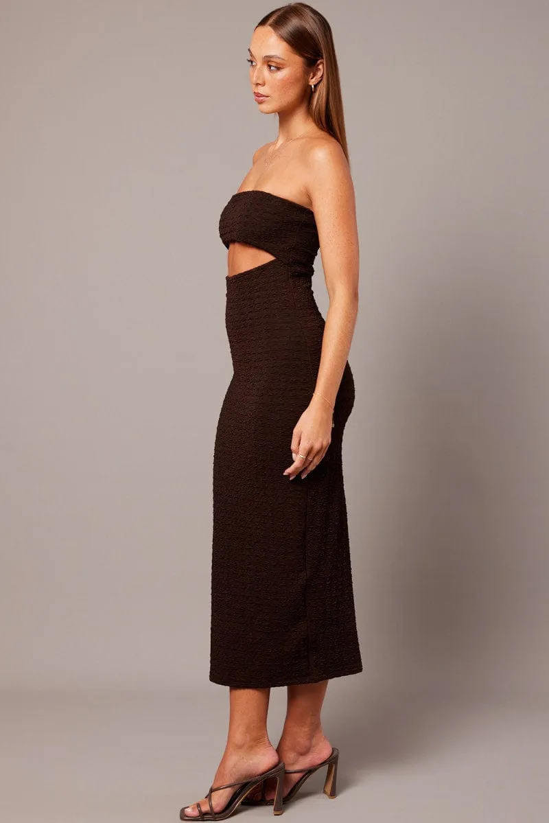 Brown Bodycon Dress Textured Pure Tone Euro Mood