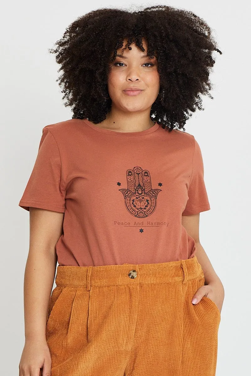 Street Smart Casual Essentials Brown Graphic T-shirt Hand Crew Neck Short Sleeve Cotton