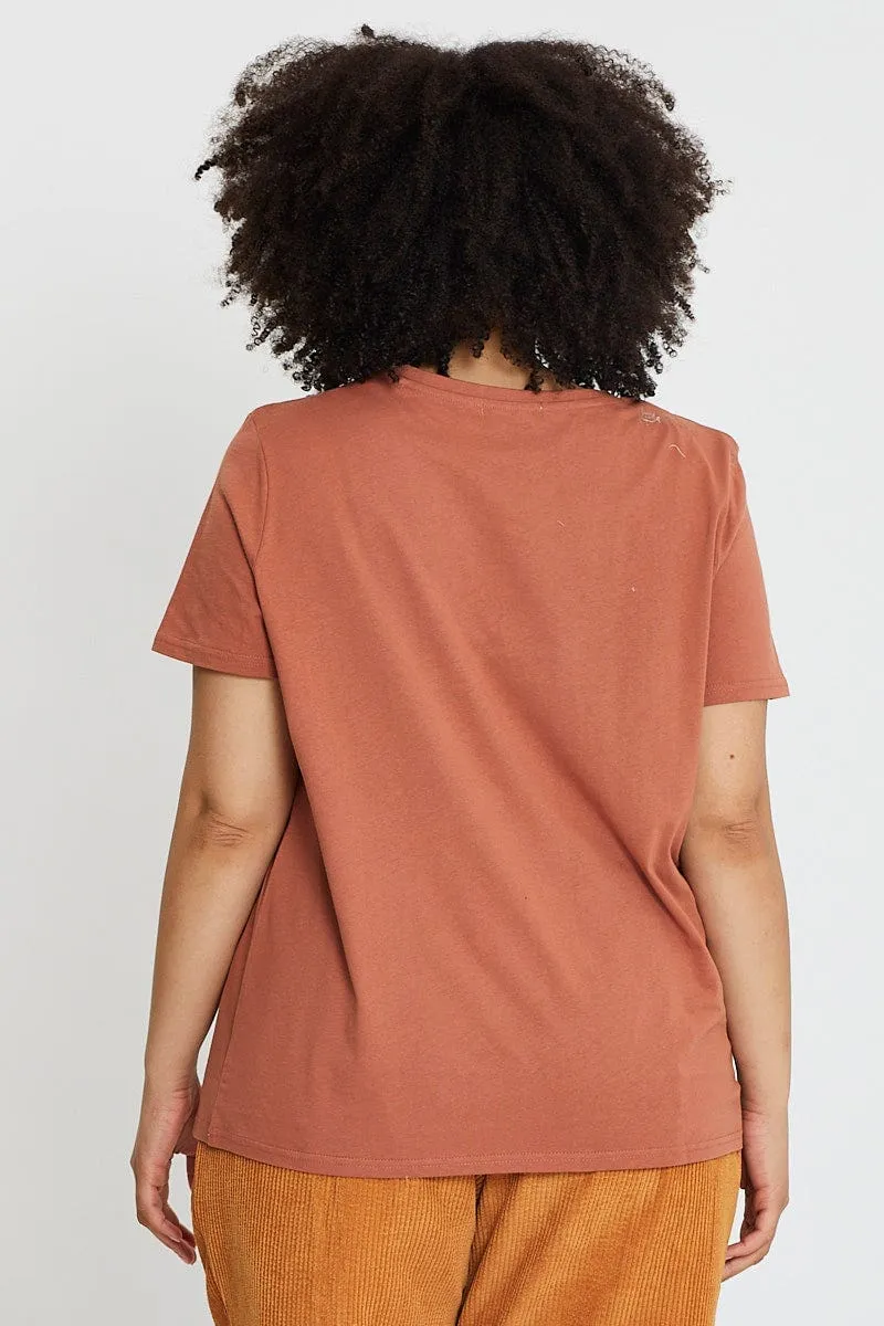 perfect for all-day wear Brown Graphic T-shirt Hand Crew Neck Short Sleeve Cotton