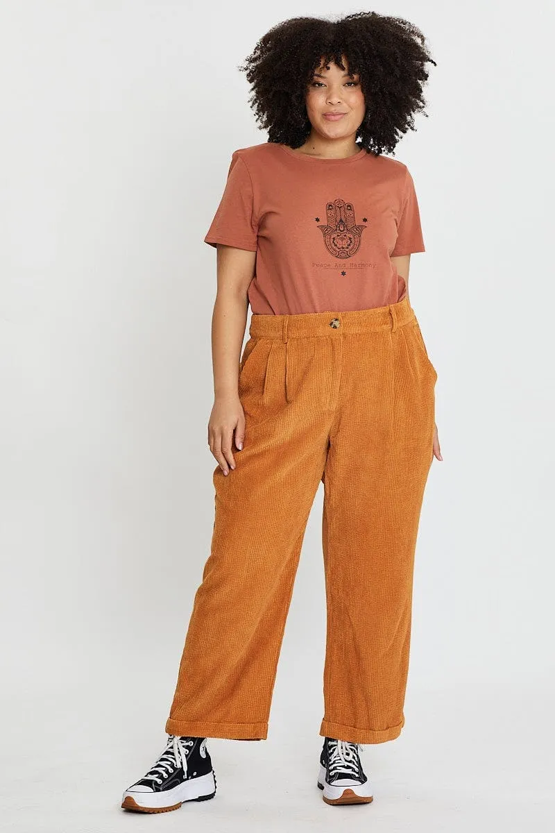 Brown Graphic T-shirt Hand Crew Neck Short Sleeve Cotton Classic Color