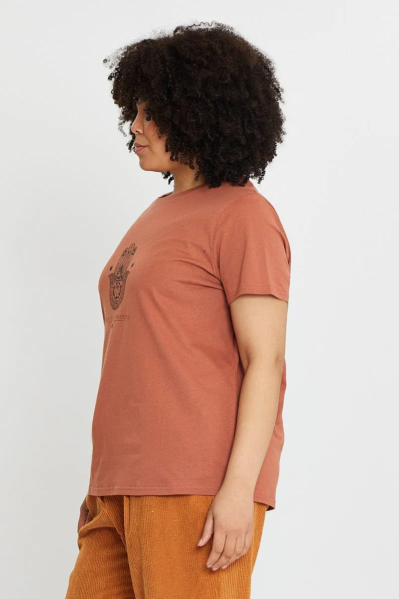 Everyday Wearable vacation wear Brown Graphic T-shirt Hand Crew Neck Short Sleeve Cotton