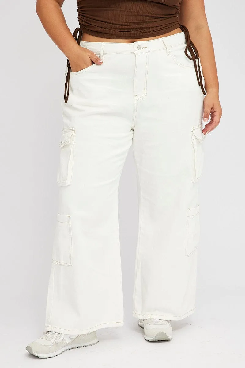 White Cargo Denim Jeans High Rise Parent Style Trendy Breathable