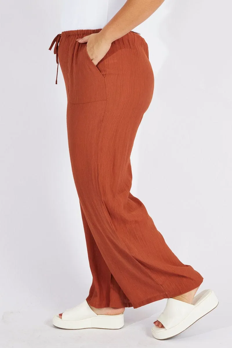 Brown Wide Leg Pants High Rise Lightweight Weave