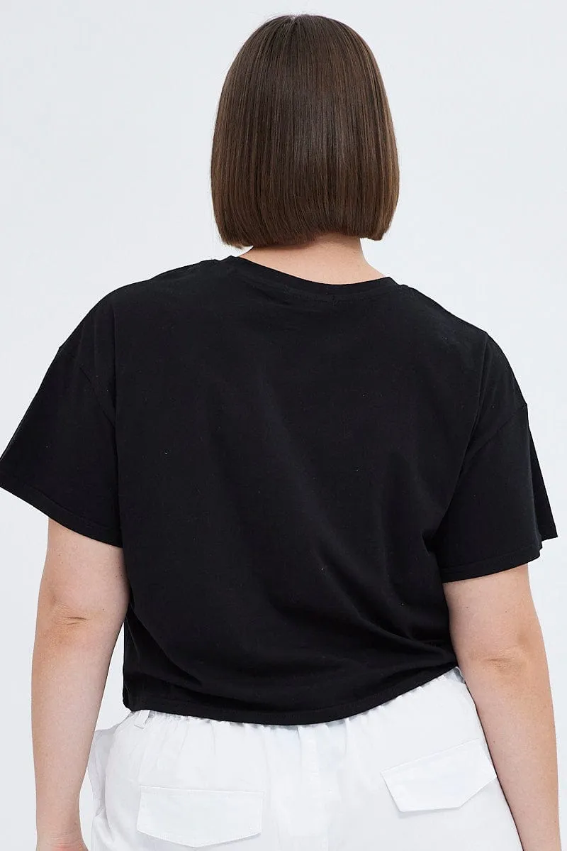 Elegant and Relaxed Black Graphic T-shirt La Motorcycle Cotton Crop Jersey