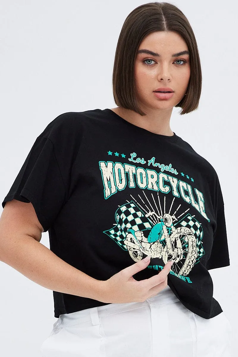 Bohemian style Comfy Fit Layer Black Graphic T-shirt La Motorcycle Cotton Crop Jersey