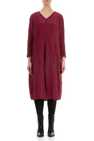 Active Look british retro Long Sleeves V-Neck Crinkled Claret Silk Dress