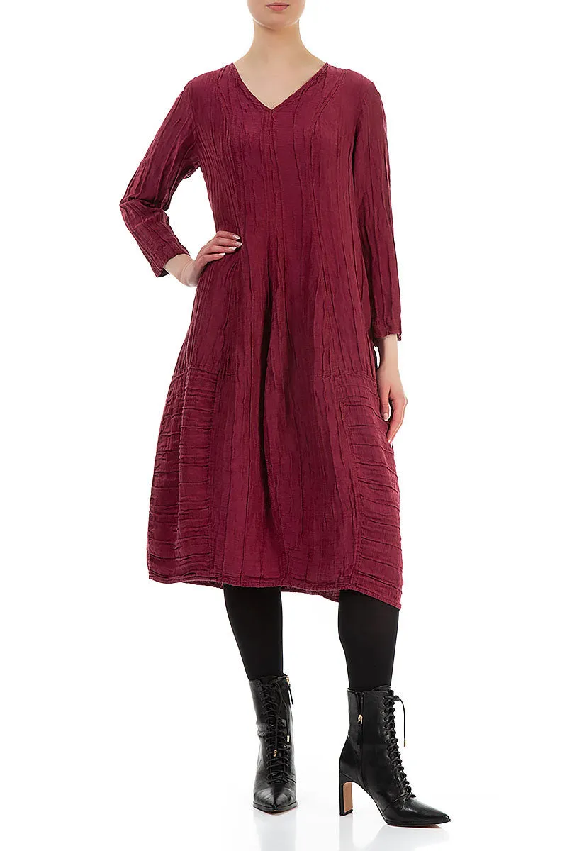 Long Sleeves V-Neck Crinkled Claret Silk Dress CompressionKnit RipstopFabric