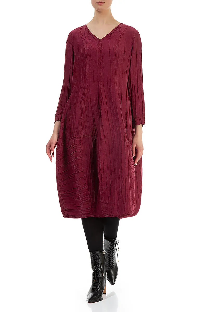 Nature Glow Long Sleeves V-Neck Crinkled Claret Silk Dress