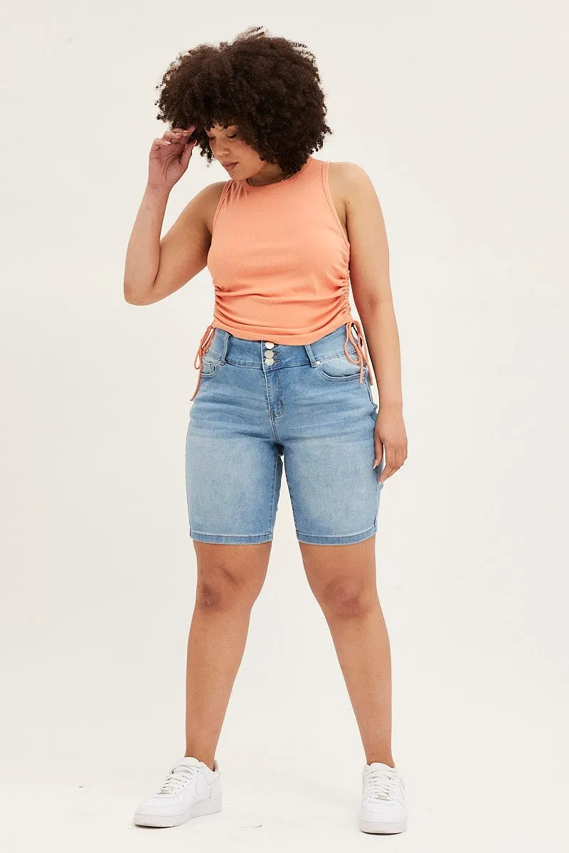 Orange Sleeveless Rib Jersey Drawstring Top Basic Wardrobe Rush Mode