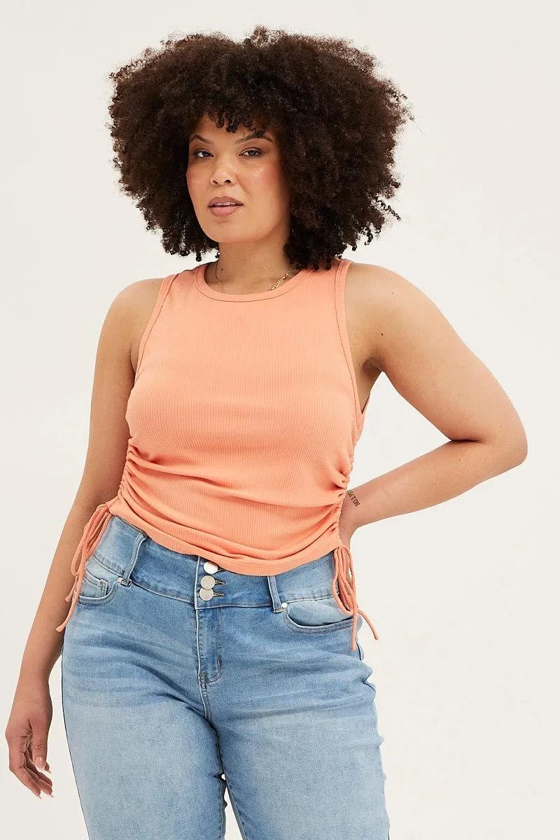 Bright Color Orange Sleeveless Rib Jersey Drawstring Top