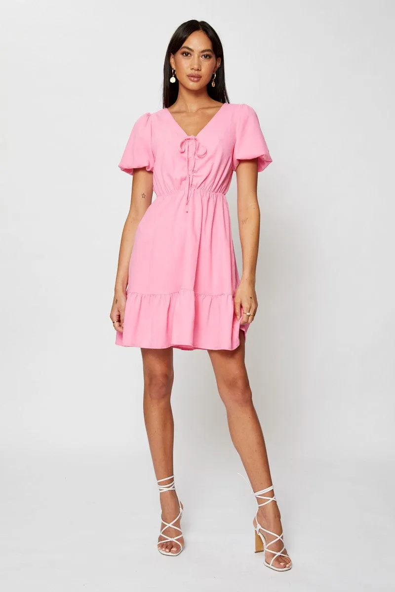 Pink Fit And Flare Dress Short Sleeve V Neck Country Core
