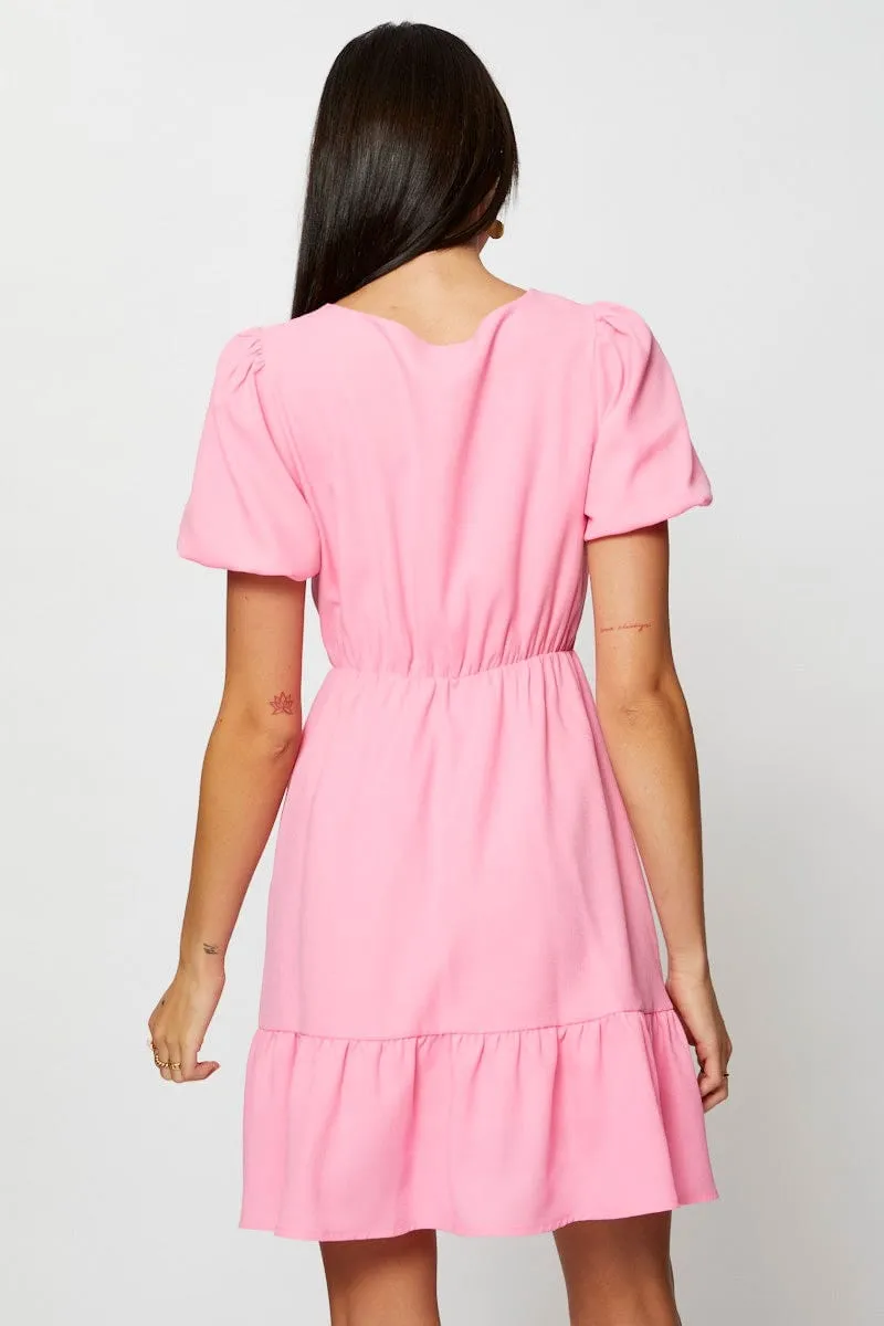 One-Piece Wear NonRestrictiveCut Pink Fit And Flare Dress Short Sleeve V Neck