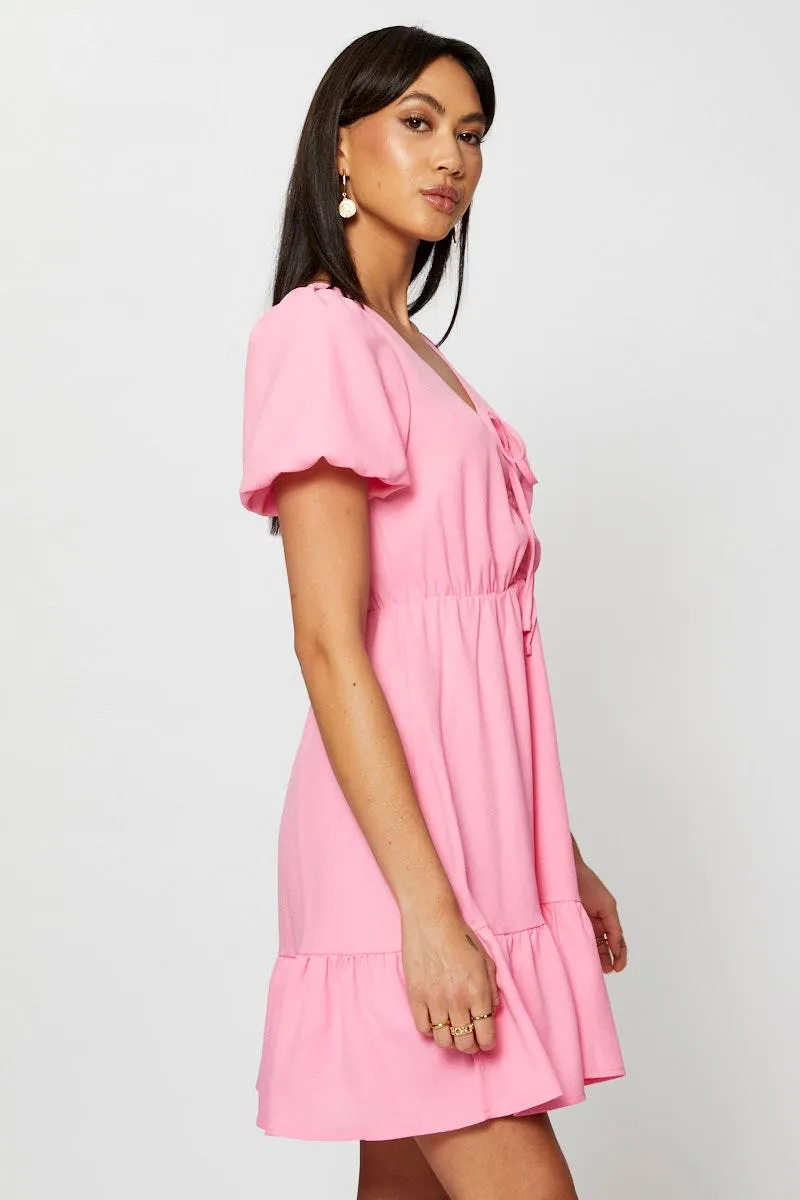 Pink Fit And Flare Dress Short Sleeve V Neck MoistureControl Fabric