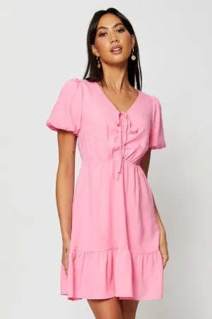premium fabric Pink Fit And Flare Dress Short Sleeve V Neck