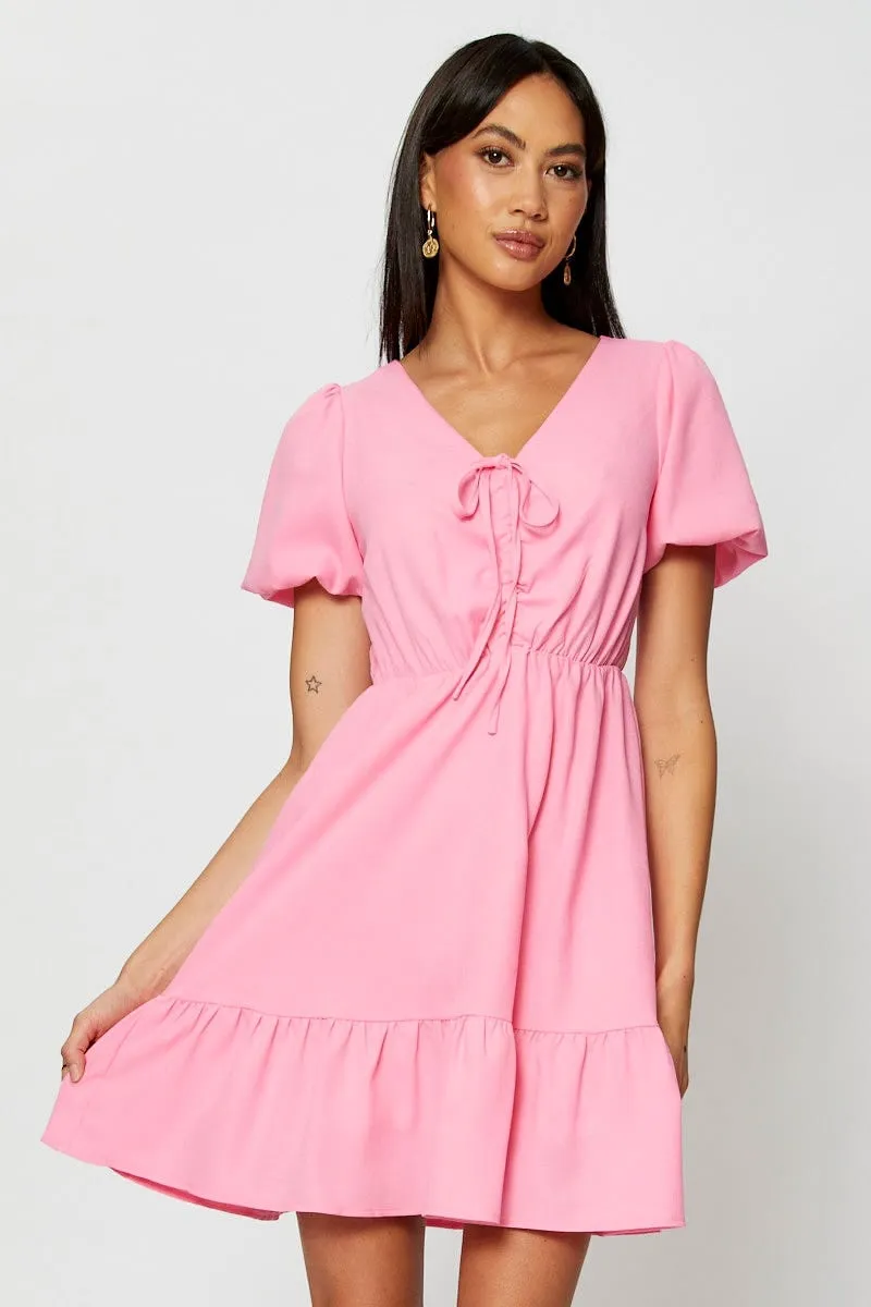 SoftLining Easy Layer Pink Fit And Flare Dress Short Sleeve V Neck