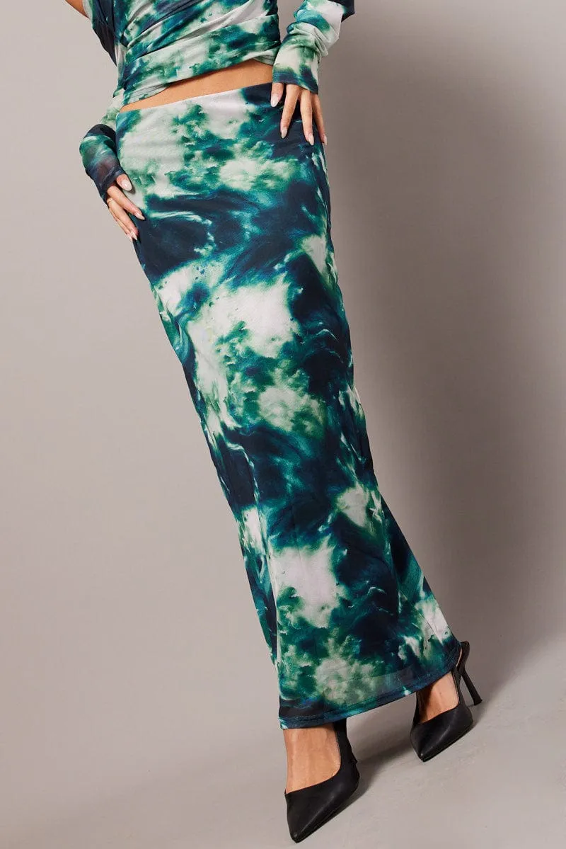 Green Abstract Midi Skirt High Rise Mesh Pastel tone