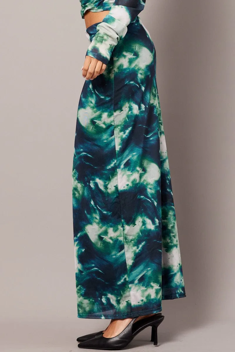 Sturdy Waistband Heat Dissipating Fabric Green Abstract Midi Skirt High Rise Mesh
