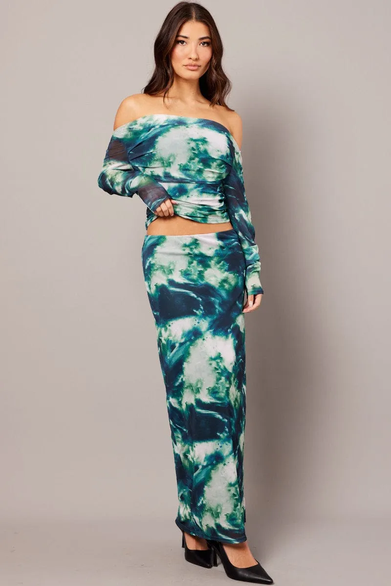 Neutral Look Season To Season Green Abstract Midi Skirt High Rise Mesh