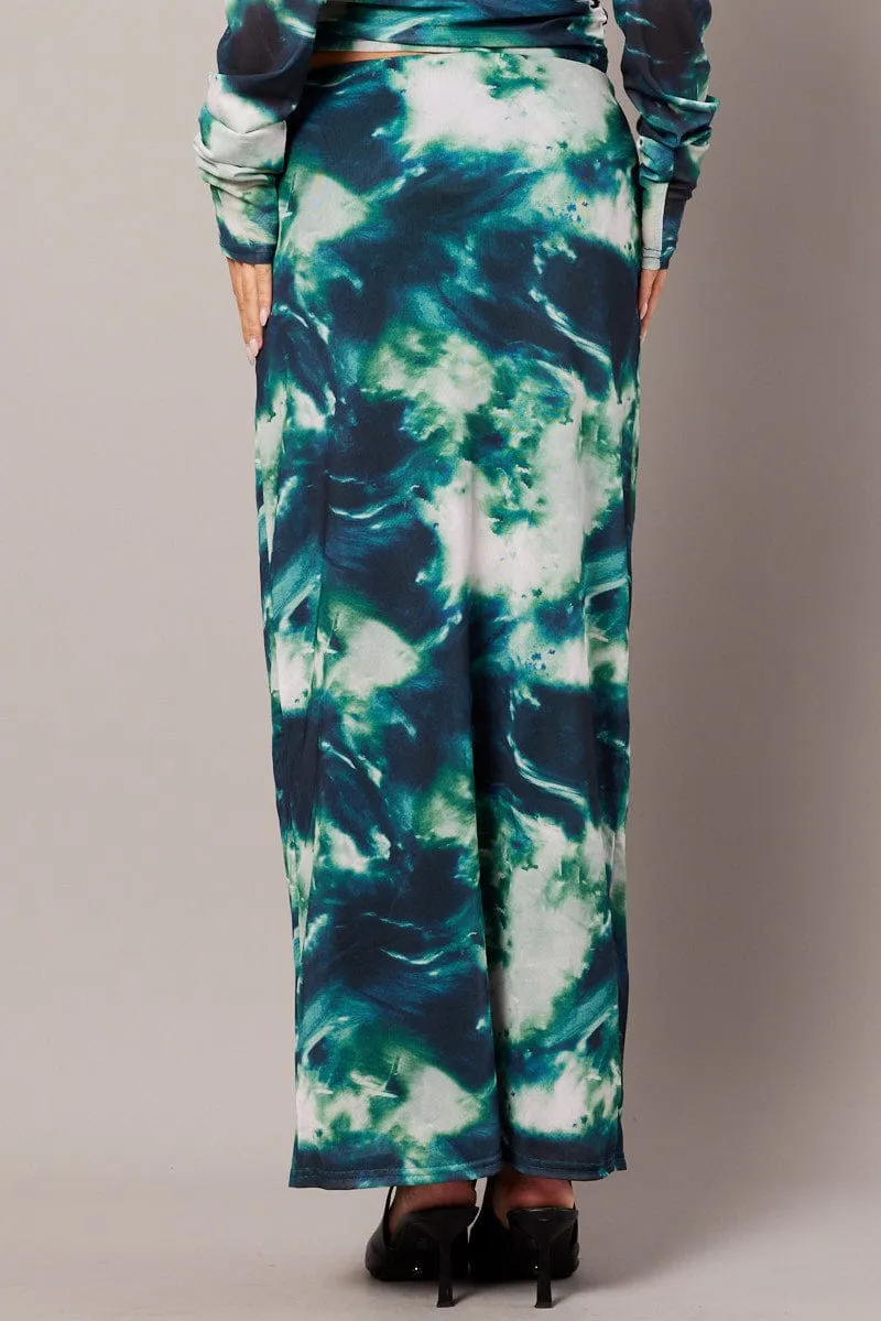Green Abstract Midi Skirt High Rise Mesh Chill Tones