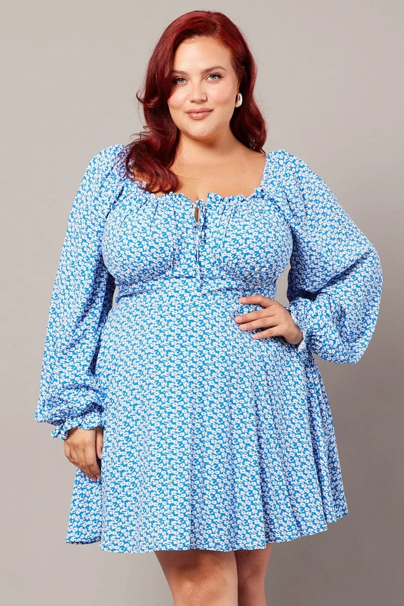 Tie Back Closure System Blue Ditsy Long Sleeve Tie Mini Dress