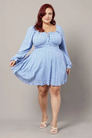 Neon Mood Blue Ditsy Long Sleeve Tie Mini Dress