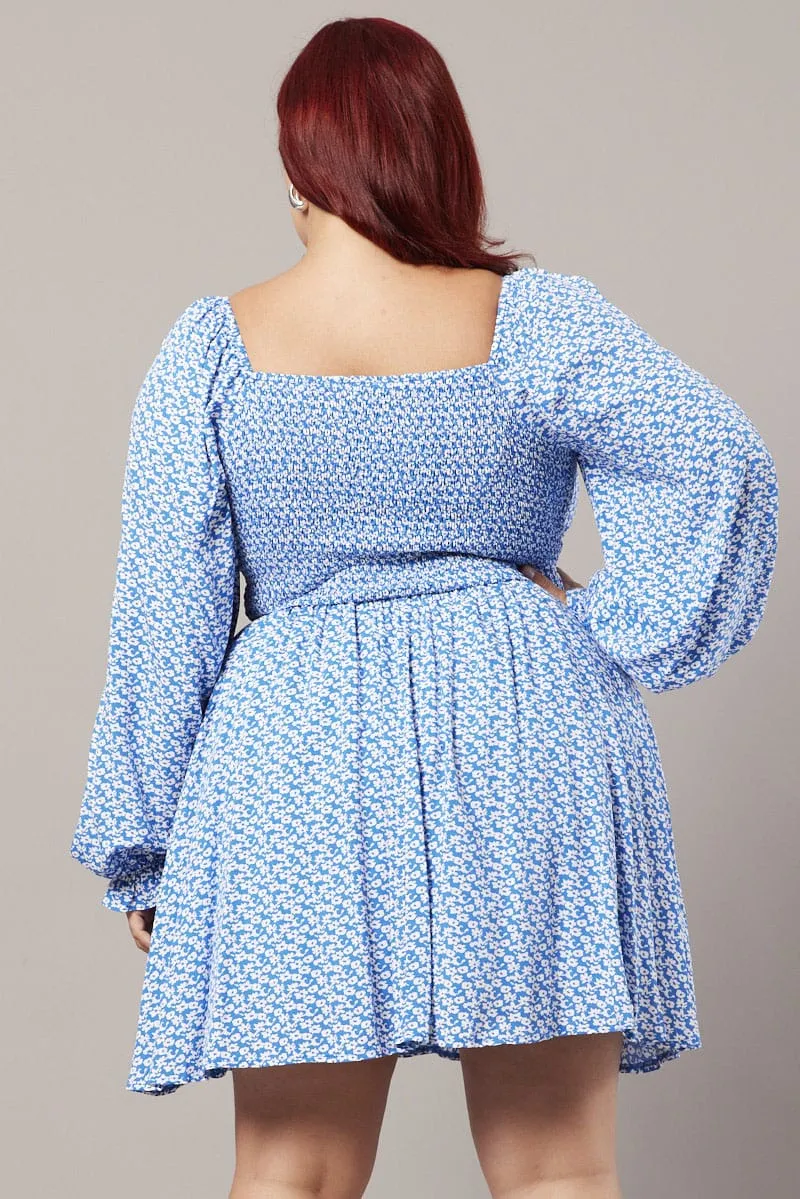 Blue Ditsy Long Sleeve Tie Mini Dress Trendy Mood Chic dress for outings