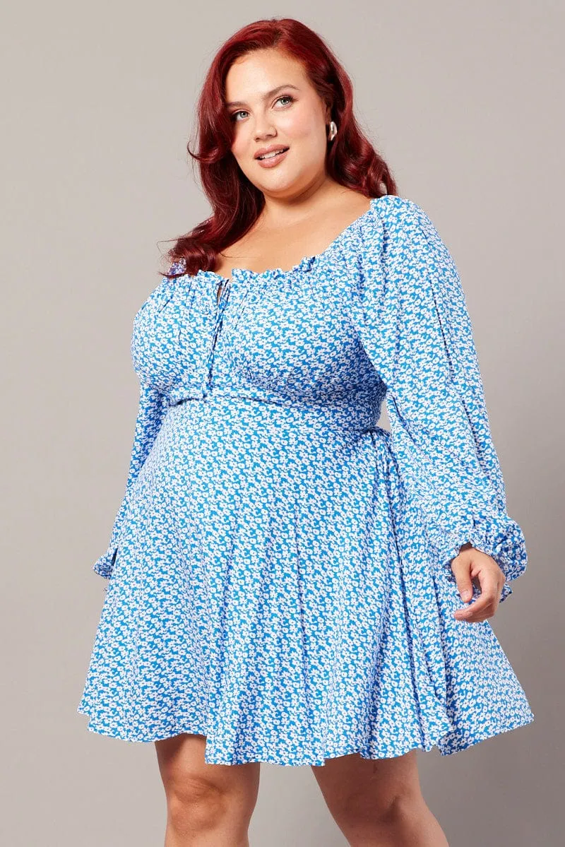 Blue Ditsy Long Sleeve Tie Mini Dress Stage Glow Floral Look
