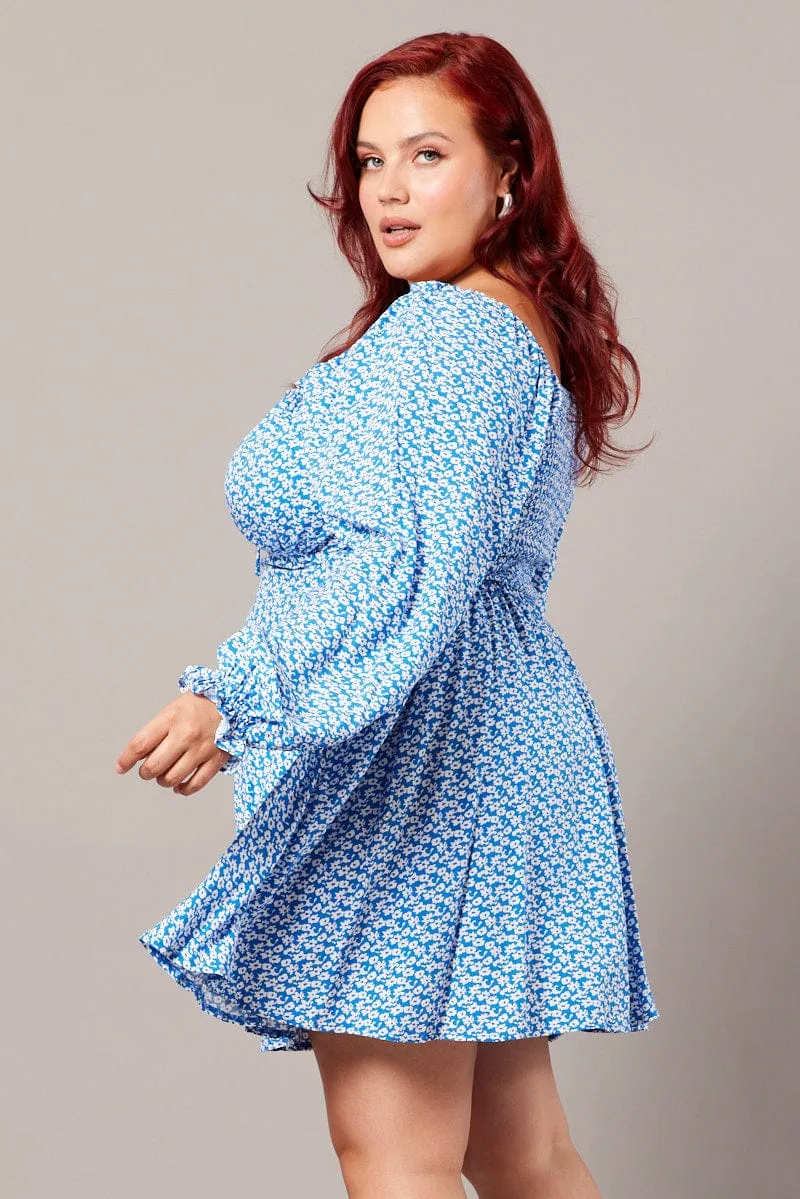 Pleated Texture Effect Fresh Vibe Blue Ditsy Long Sleeve Tie Mini Dress