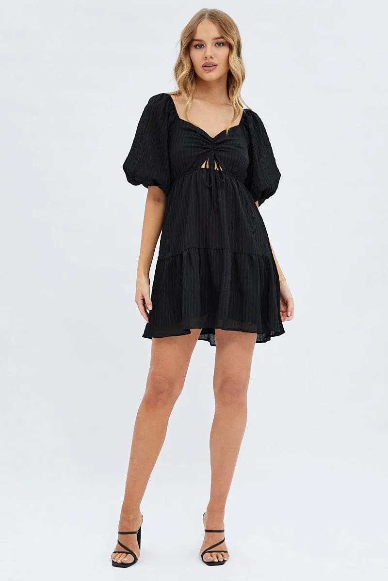 Black Fit And Flare Dress Mini Ruched Bust Lightweight party mini