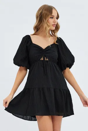 Black Fit And Flare Dress Mini Ruched Bust Close Wrap