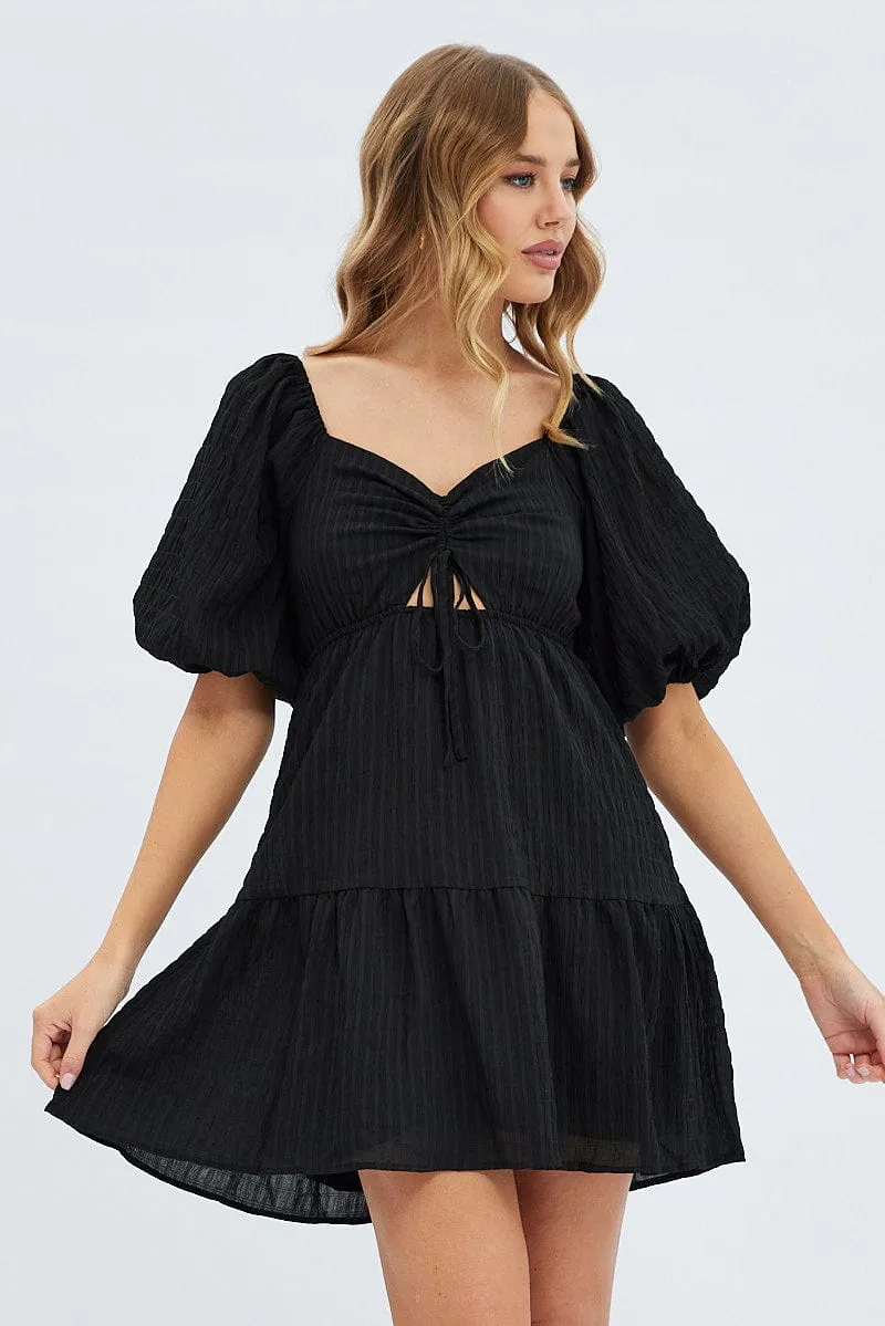 Black Fit And Flare Dress Mini Ruched Bust Close Wrap