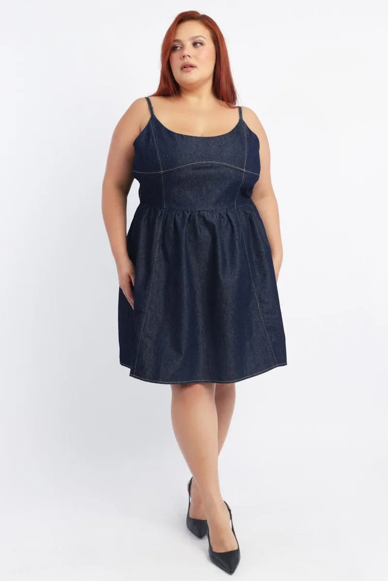 Trend Light Denim Contrast Stitching Flare Mini Dress