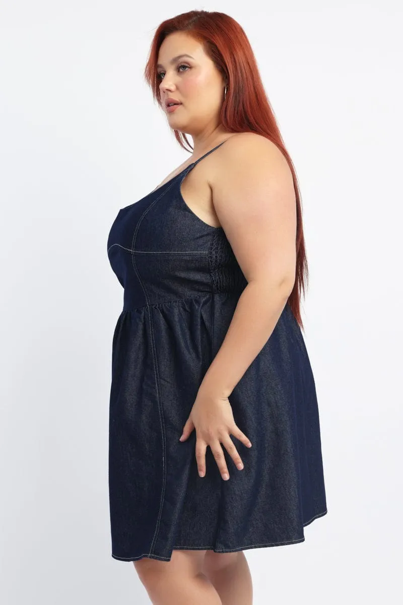 Denim Contrast Stitching Flare Mini Dress Timeless Design