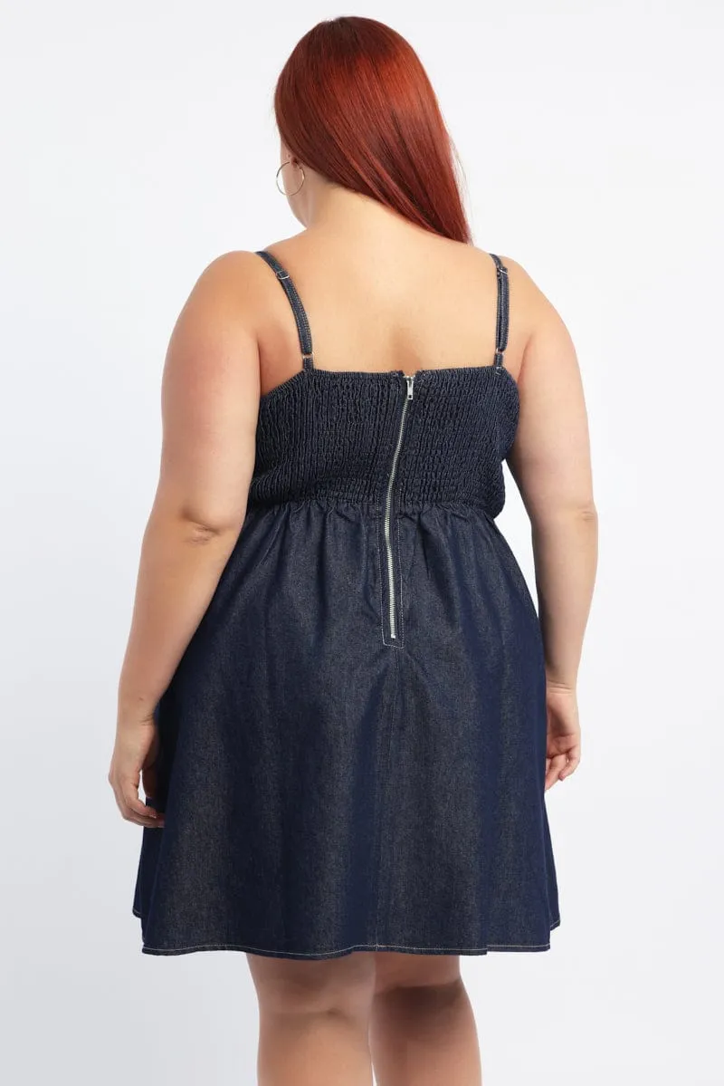 Show Glow Denim Contrast Stitching Flare Mini Dress