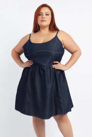 Eco Friendly Material Show Pop Denim Contrast Stitching Flare Mini Dress