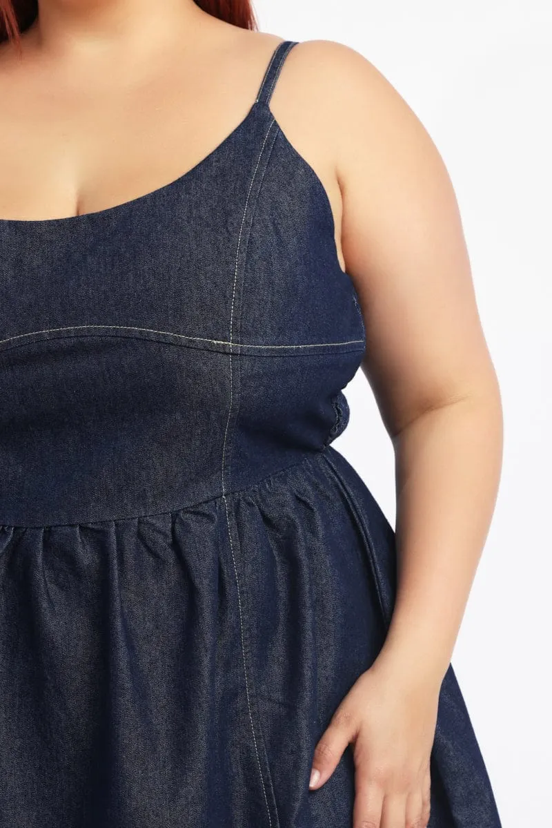 Vibrant Silhouette Denim Contrast Stitching Flare Mini Dress