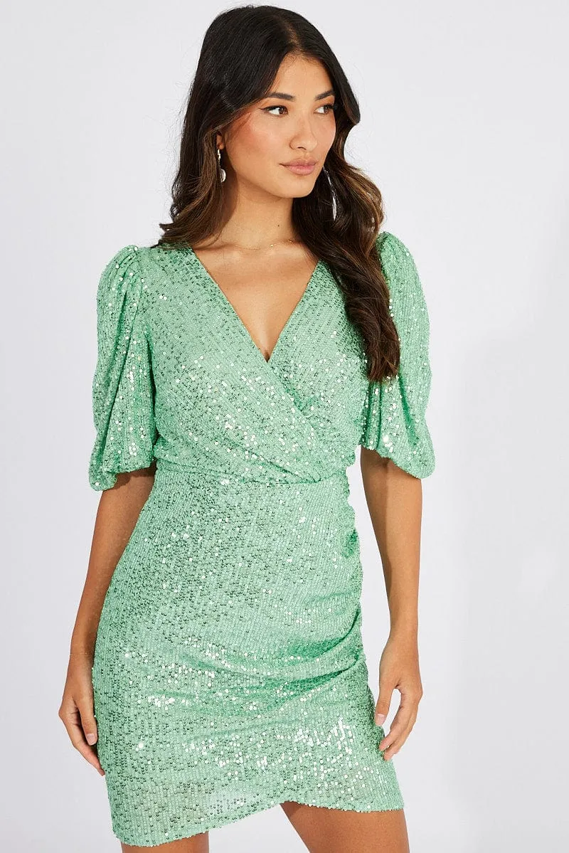 Green Sequin Mini Dress Wrap Puff Sleeve Dress Reinforced Stitching