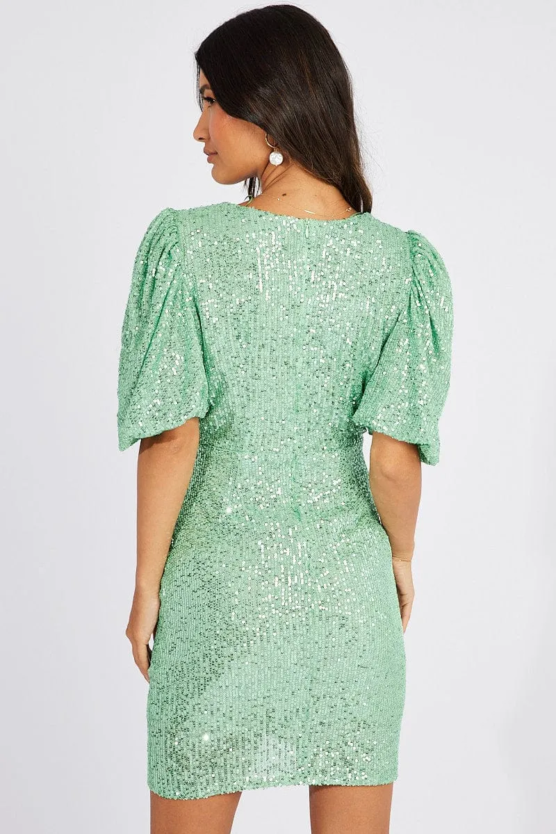 Match Fast Versatile Layering Green Sequin Mini Dress Wrap Puff Sleeve Dress