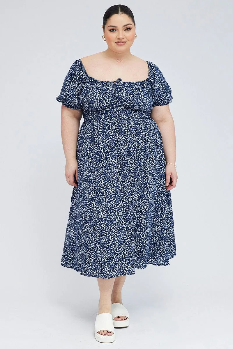 chic aesthetic Blue Ditsy Midi Dress Short Sleeve Tiered