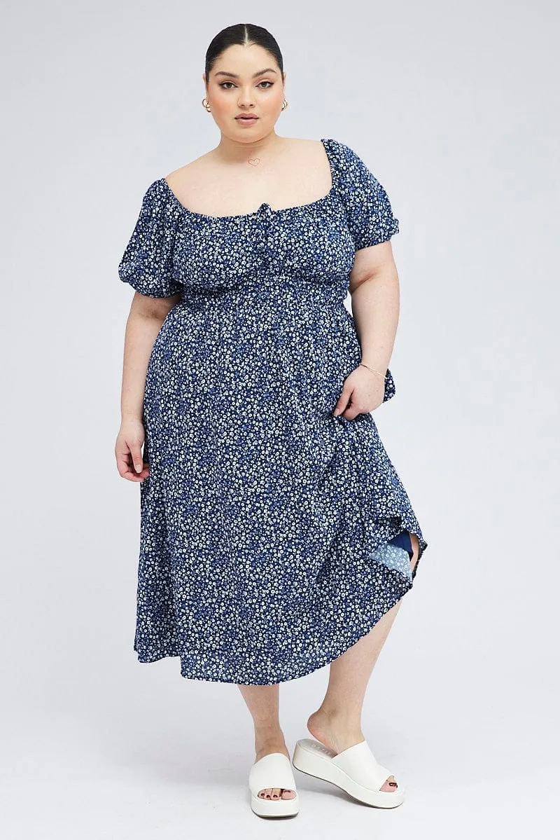 Orbit Light Feminine stylish midi Blue Ditsy Midi Dress Short Sleeve Tiered