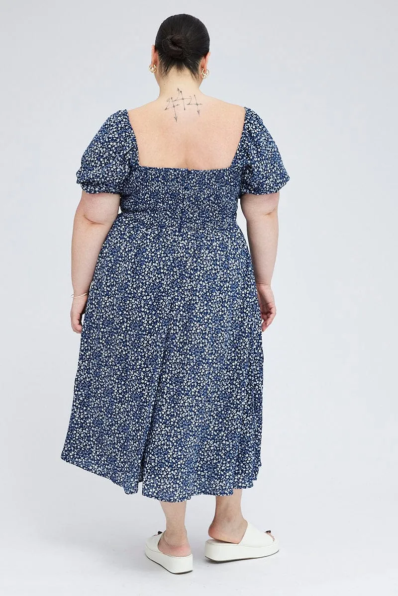 Blue Ditsy Midi Dress Short Sleeve Tiered Star Light On The Go