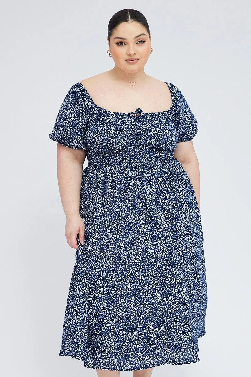 Blue Ditsy Midi Dress Short Sleeve Tiered Breathable fabric Silk Flow