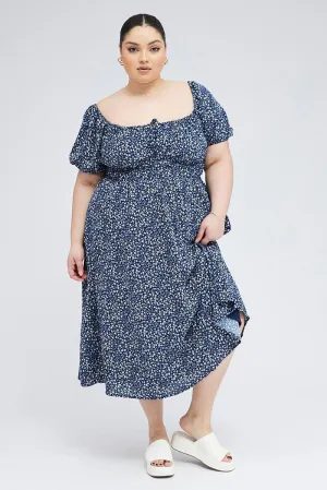 Orbit Light Feminine stylish midi Blue Ditsy Midi Dress Short Sleeve Tiered