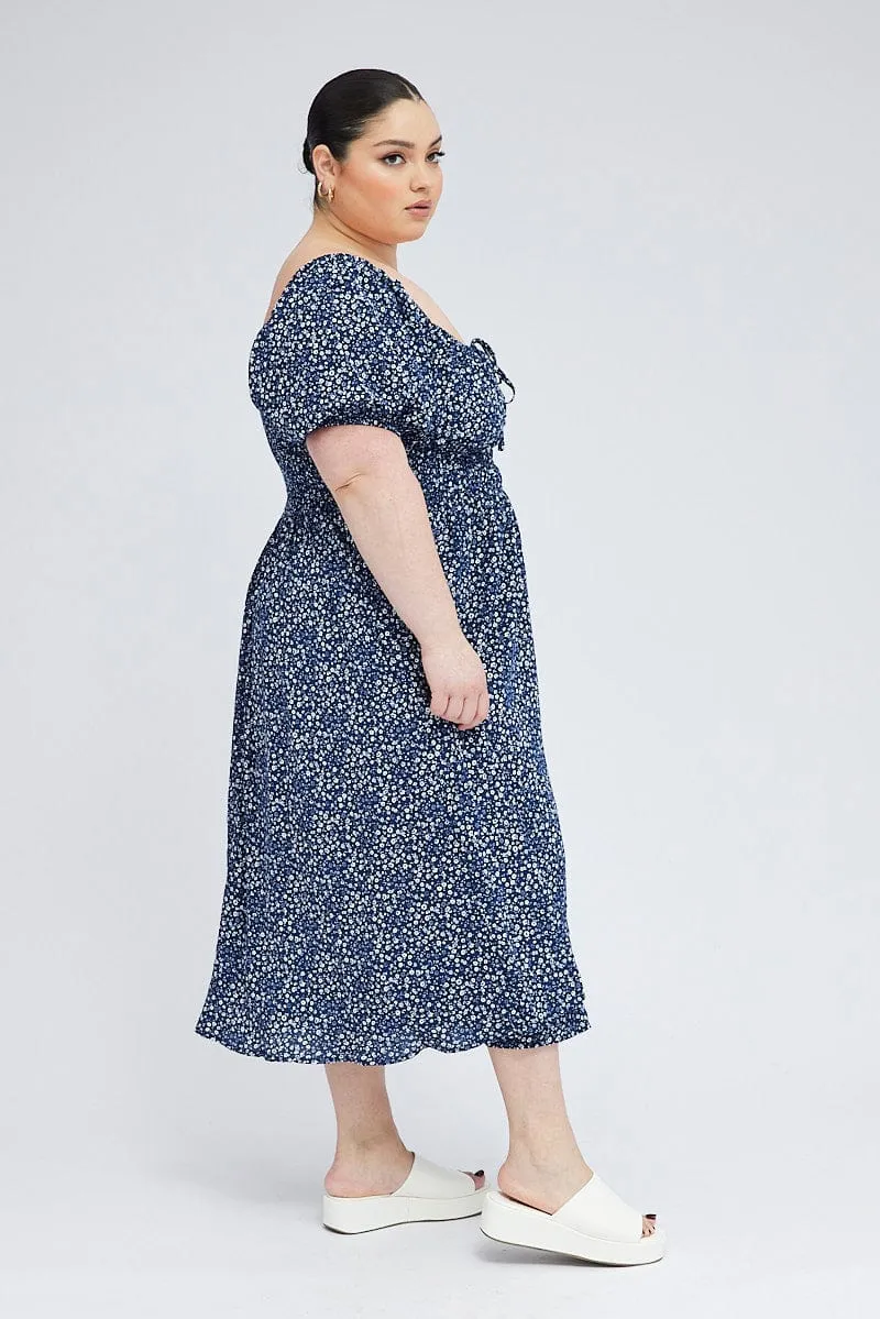 Opera Hall Morning Stroll Blue Ditsy Midi Dress Short Sleeve Tiered