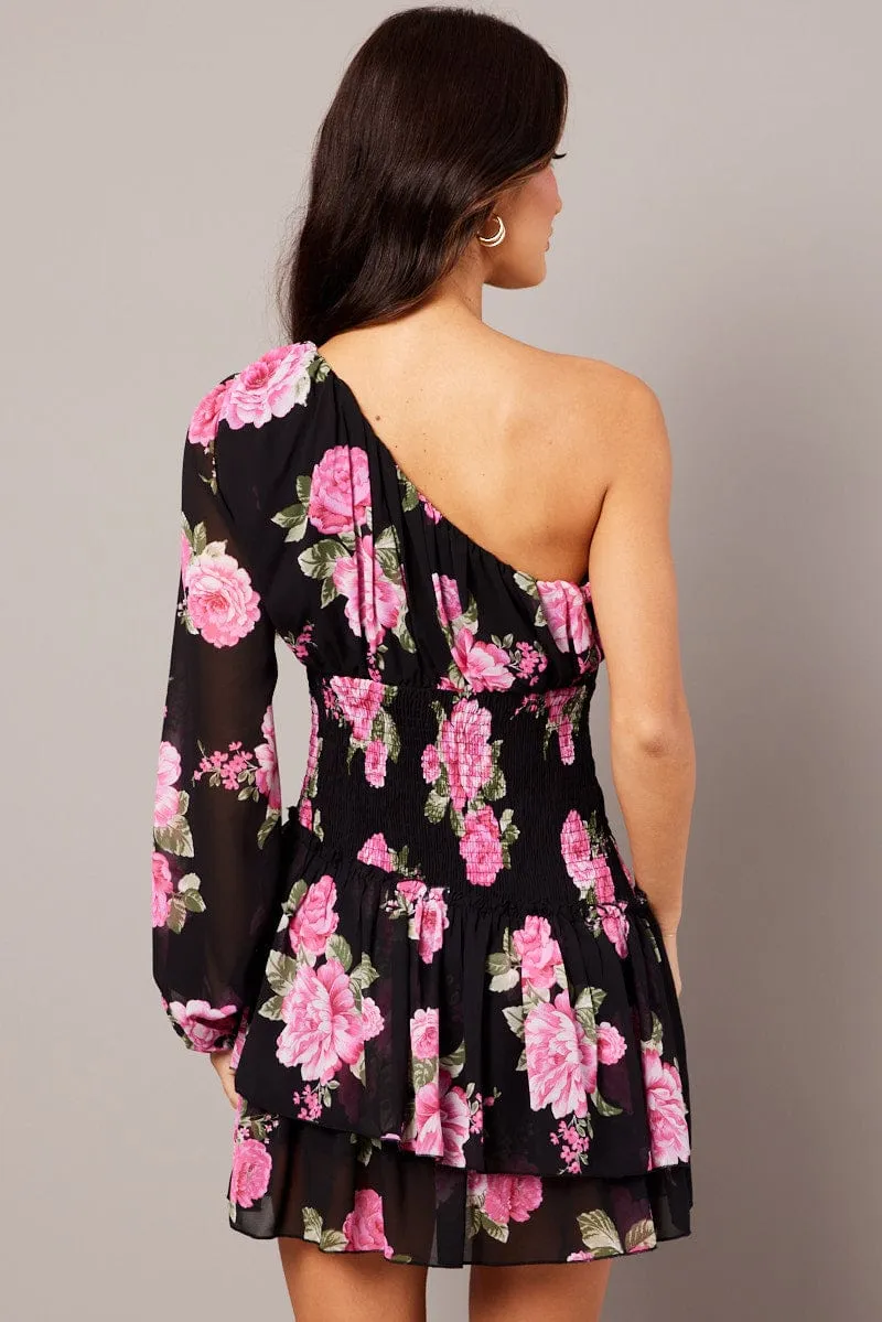 Black Floral One Shoulder Balloon Sleeve Layered Skater Dress Lake Glow