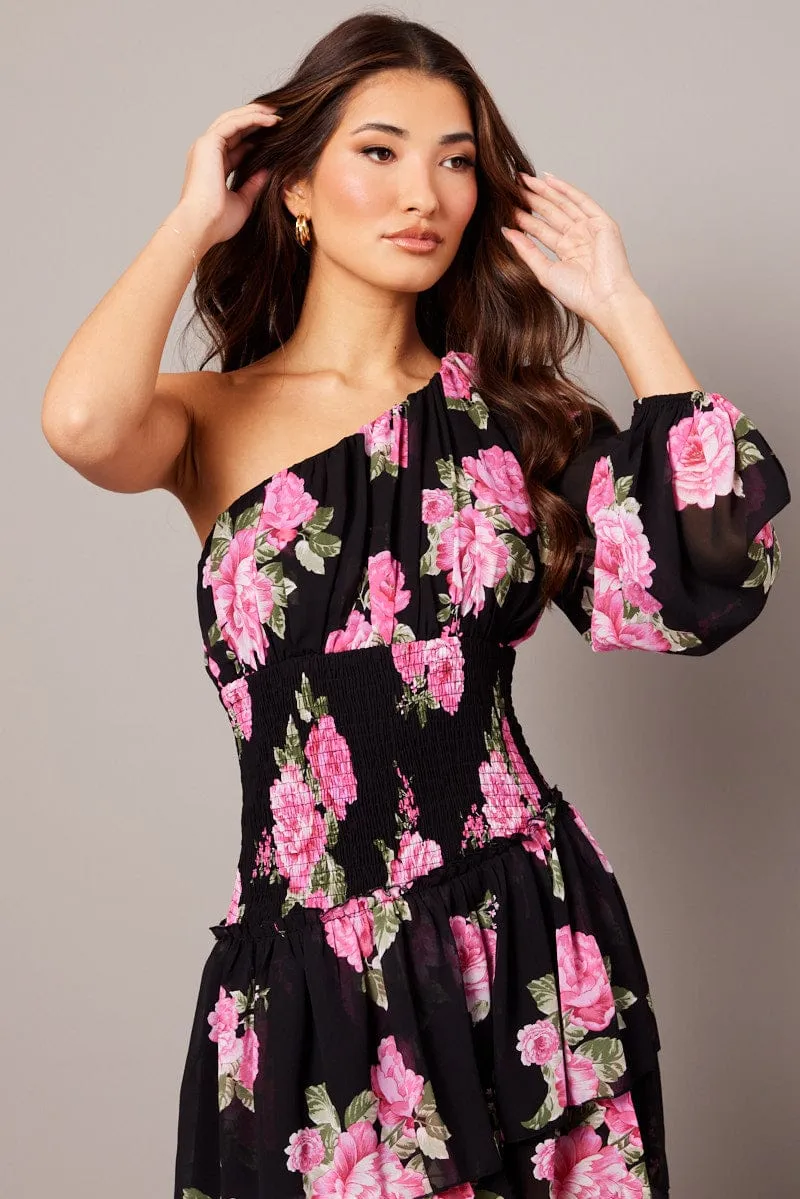 Lightweight Feel Black Floral One Shoulder Balloon Sleeve Layered Skater Dress