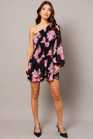 Jump Core Sustainable Manufacturing Black Floral One Shoulder Balloon Sleeve Layered Skater Dress