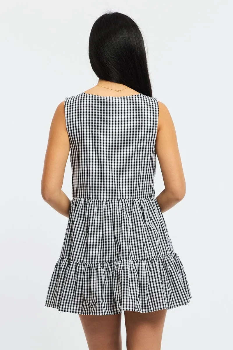 Glow Mood Black Check Mini Dress Ribbon Detail