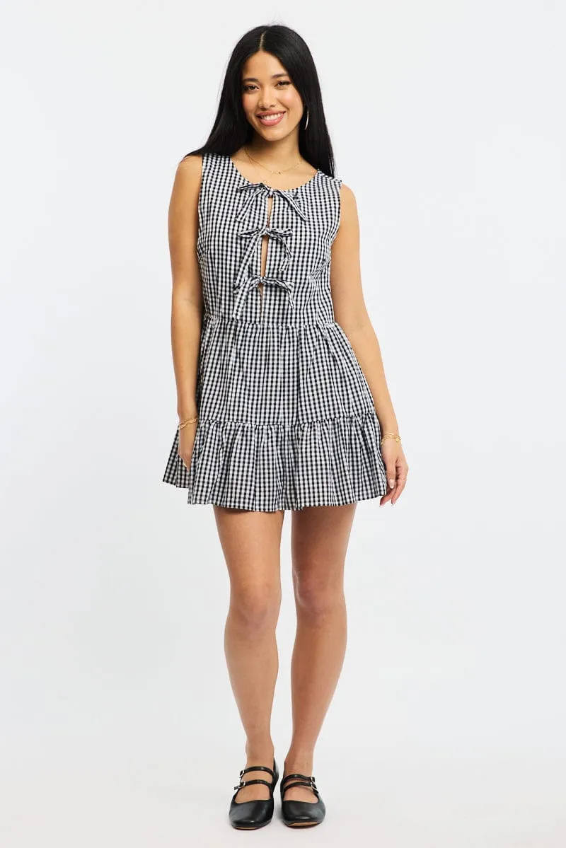 Black Check Mini Dress Ribbon Detail Star Pop